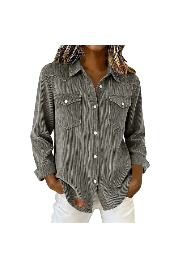 Women’s Corduroy Button Down Shirts Long Sleeve Lapel Collared Tops Casual Winter Spring Blouses with Front Pockets Gray XXL