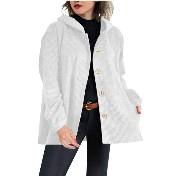 Olyvenn Women's Corduroy Jackets Casual Long Sleeve Button Down Hooded Jackets Loose Lightweight Shacket Coats with Pockets White S