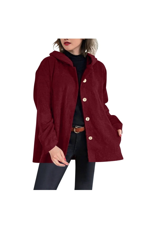 Women's Corduroy Jackets Casual Long Sleeve Button Down Hooded Jackets Loose Lightweight Shacket Coats with Pockets Wine S