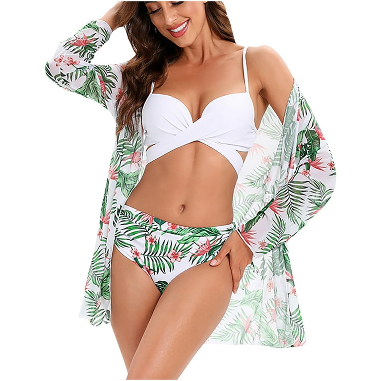 Olyvenn Women's Costume 3 Piece Bikini Swimsuit Summer Fashion Outfits for  Girls Strappy Cover Up Bathing Suit Twist Ruced Front Swimwear Top Hawaiian