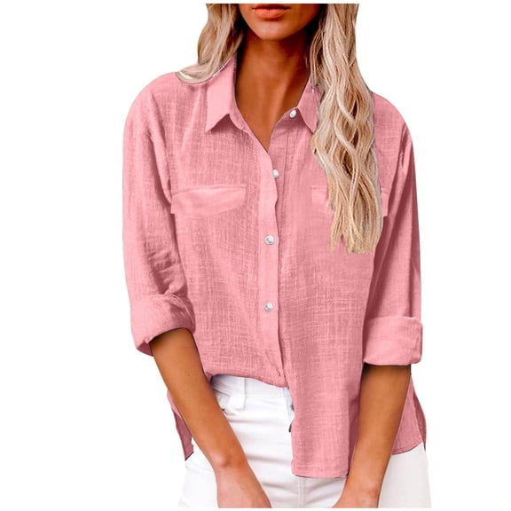 Olyvenn Women's Cotton Casual Solid Long Sleeve Turndown Collar Button Shirts Summer Fashion Comfy Ventilate Office Tops Pink L