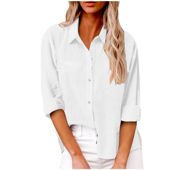 Olyvenn Women's Cotton Casual Solid Long Sleeve Turndown Collar Button Shirts Summer Fashion Comfy Ventilate Office Tops White XXL