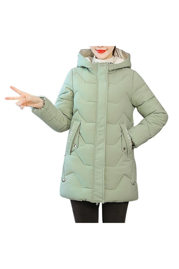 Women's Down Cotton Jacket Warm Hooded Thick Solid Color Comfortable Casual Long Sleeve Jacket for Party Daily Outfits Fashionable Street Style Green M