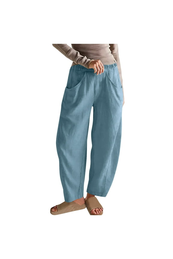 Women's Cotton Linen Harem Pants Work Casual Elastic Waist Pants with Pockets Lightweight Summer Beach Palazzo Sky Blue S