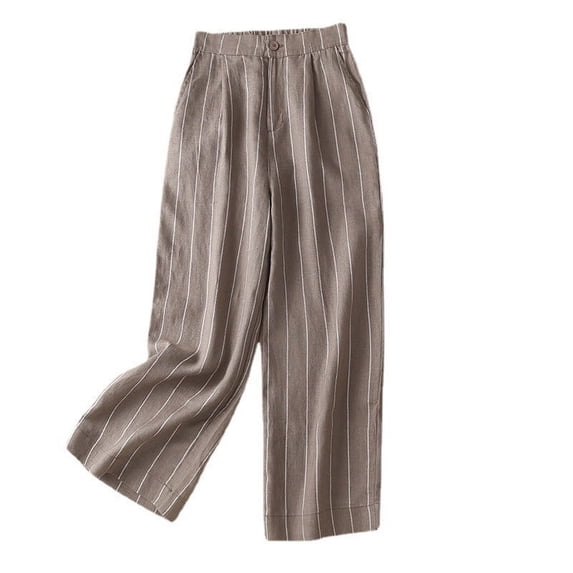 Olyvenn Women's Cotton Linen High Waist Wide Leg Pants Vertical Stripe Loose Straight Cropped Pants Dressy Casual Cargo Pants Boho Yoga Leggings Summer 2023 Trendy Trousers Coffee 10