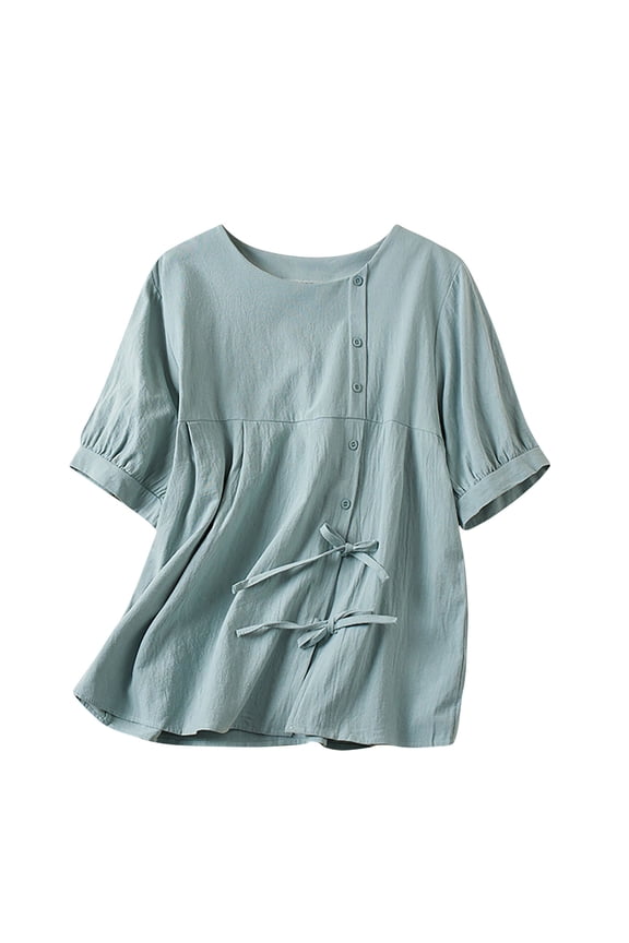 Women's Cotton Linen Peplum Tunic Shirts Puff Short Sleeve Babydoll Tops Casual Lace Up Button Down Blouse for Women Blue 6