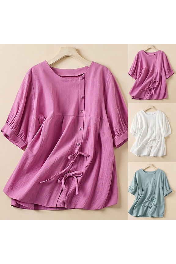 Women's Cotton Linen Peplum Tunic Shirts Puff Short Sleeve Babydoll Tops Casual Lace Up Button Down Blouse for Women Blue 8