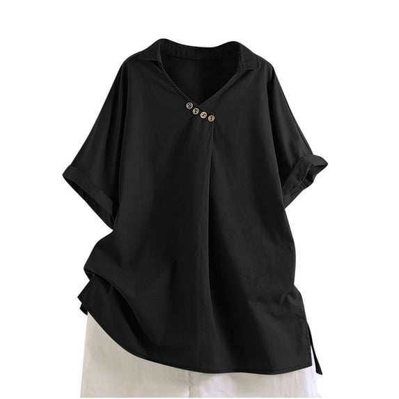 Olyvenn Women's Cotton Linen Shirts Casual V Neck Short Sleeve Blouse Loose Fit Vintage Summer Lapel Collar Tunic Tops Black S