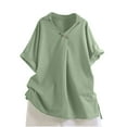thumbnail image 1 of Olyvenn Women's Cotton Linen Shirts Casual V Neck Short Sleeve Blouse Loose Fit Vintage Summer Lapel Collar Tunic Tops Khaki L, 1 of 9