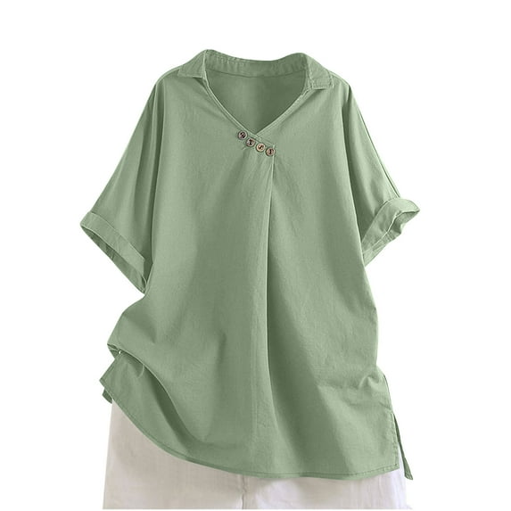 Olyvenn Women's Cotton Linen Shirts Casual V Neck Short Sleeve Blouse Loose Fit Vintage Summer Lapel Collar Tunic Tops Khaki XL