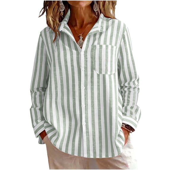 Olyvenn Women's Cotton Linen Shirts Fashion Striped Long Sleeves Tops Button Dressy Casual Loose Comfy Blouses & Shirts with Front Pocket Green M