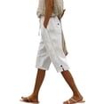 thumbnail image 1 of Olyvenn Women's Cotton Linen Shorts 2025 Casual Loose Knee Length Beach Pants Summer Drawstring Bermuda Shorts with Pockets White L, 1 of 6