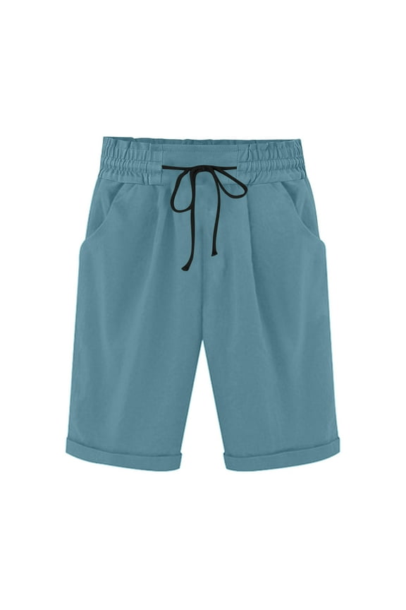 Women's Cotton Linen Shorts Knee Length Drawstring Elastic Waist Summer Beach Shorts with Pockets Solid Loose Fit Plus Size Bermuda Shorts Hot Pink 6