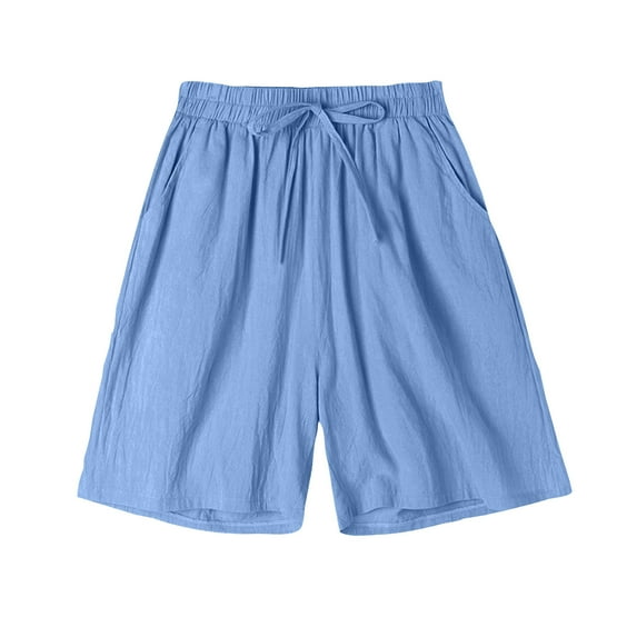 Olyvenn Women's Cotton Linen Shorts with Pockets Drawstring Elastic Waist Loose Fit Summer Beach Shorts Solid Color Wide Leg Shorts Plus Size Blue 6