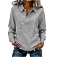 thumbnail image 1 of Olyvenn Women's Cotton Linen Striped Lapel Long Sleeve Blouse Fashion Loose Button Front Elastic Drawstring Top Gray XXL, 1 of 9