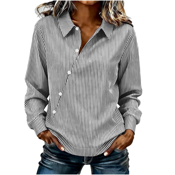 Olyvenn Women's Cotton Linen Striped Lapel Long Sleeve Blouse Fashion Loose Button Front Elastic Drawstring Top Gray XXL