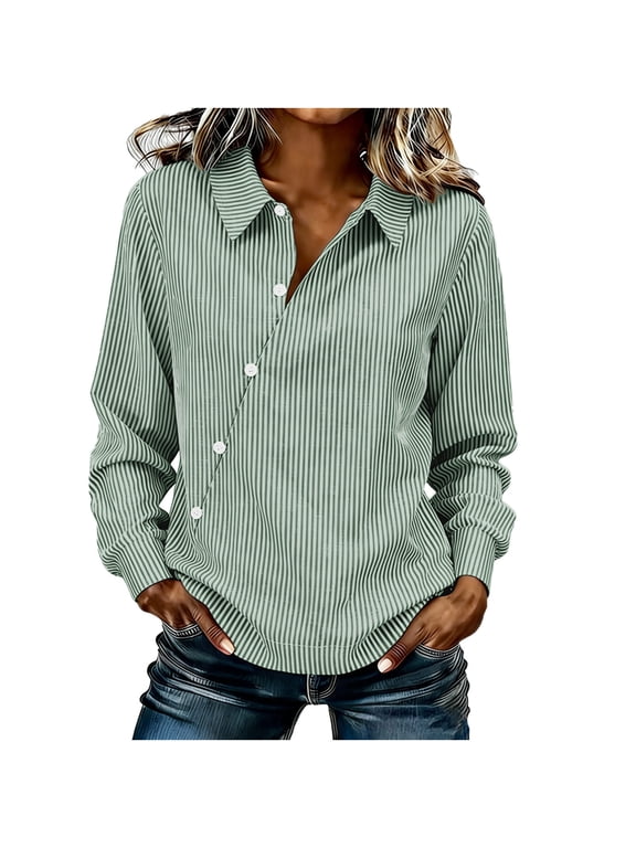 Women's Cotton Linen Striped Lapel Long Sleeve Blouse Fashion Loose Button Front Elastic Drawstring Top Mint Green S