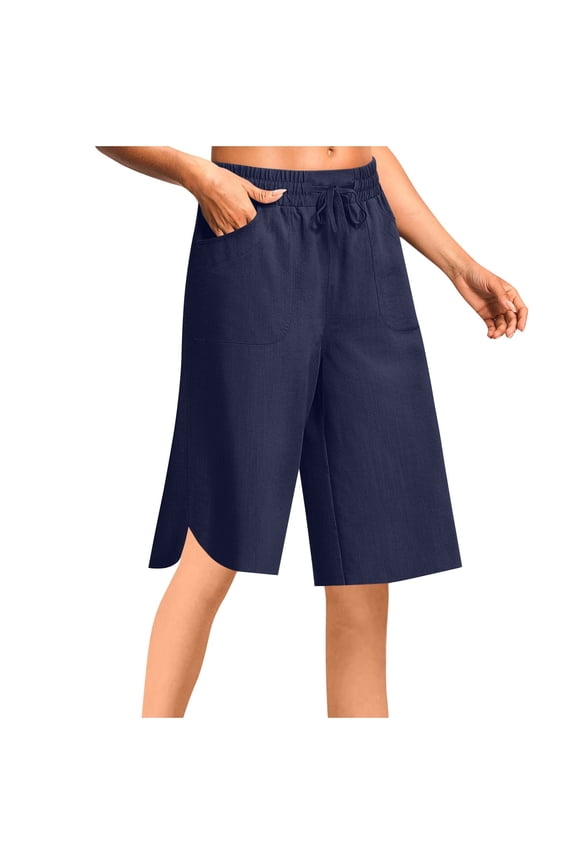 Women's Cotton Linen Wide Leg Capri Pants High Waisted Palazzo Casual Clothes Drawstring Tie Knot Pants with Pockets Navy L