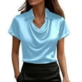 thumbnail image 1 of Olyvenn Women's Cowl Neck Satin Blouse - Short Sleeve Elegant Business Casual Tops Dressy Loose Ladies Lapel Office Shirts Light Blue XL, 1 of 8