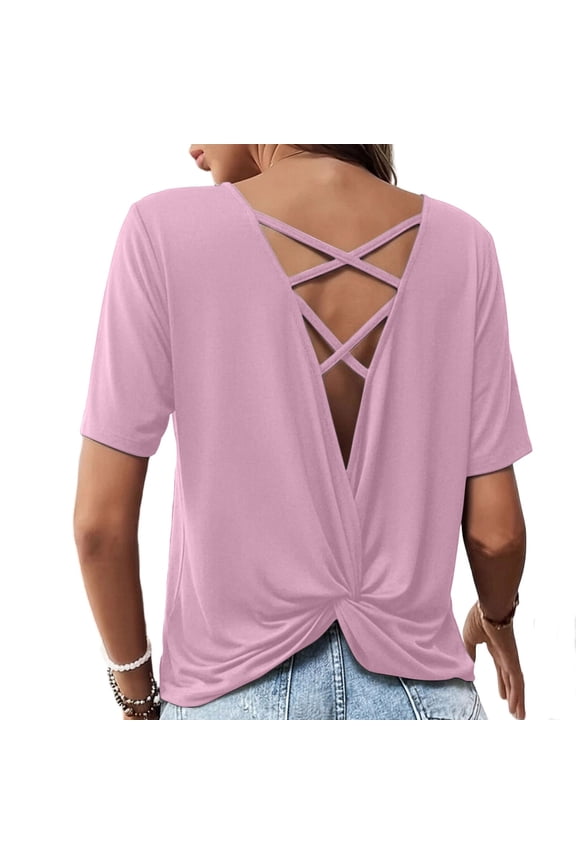 Women's Crisscross Open-Back Twist T-Shirt, Short Sleeve, Breathable Fabric for Everyday & Gym Pink XL