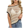thumbnail image 1 of Olyvenn Women's Crochet Cover Up Tops Summer Short Sleeve Off Shoulder Sweater Shirts Beach Swimsuit Coverup Khaki XL, 1 of 9