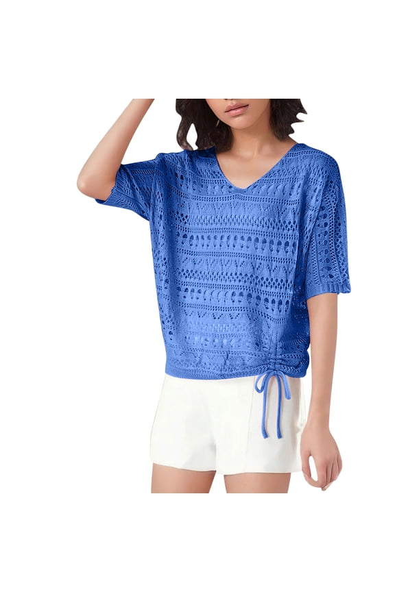 Women's Crochet Hook Hollow Out T Shirts V Neck Short Sleeve Pleated Tops Summer Comfy Breathable Beach Cover Ups Blue XL