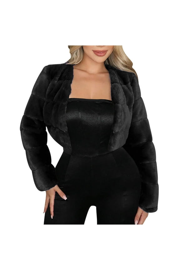 Women's Cropped Fluffy Faux Fur Jackets Shaggy Furry Winter Coats Luxury Open Front Shrugs Fuzzy Warm Outwear Black L