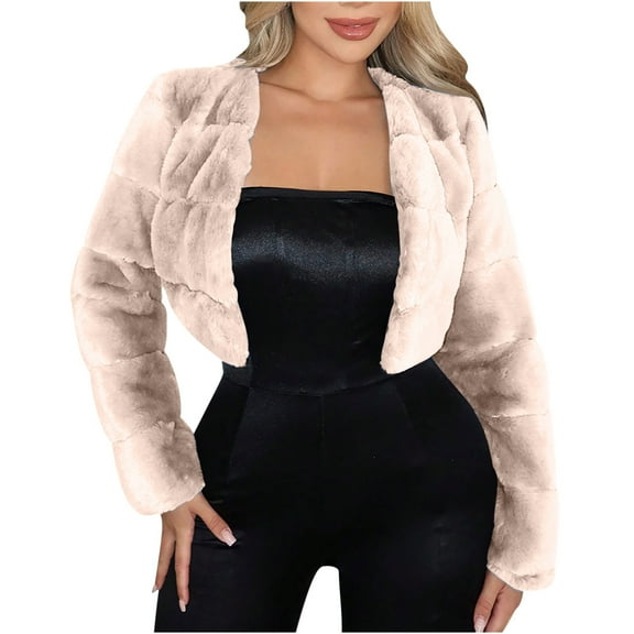Olyvenn Women's Cropped Fluffy Faux Fur Jackets Shaggy Furry Winter Coats Luxury Open Front Shrugs Fuzzy Warm Outwear Khaki XXXL