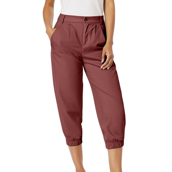 Olyvenn Women's Cropped Paper High Waist Pants with Pockets Lounge Workout Jogging Solid Color Vintage Trousers Wine S
