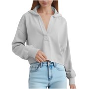 Olyvenn Women's Cropped Pullover Hoodie Long Sleeve Loose Fit Solid Color Y2K Fashion Sweatshirt for Winter and Fall Gray S