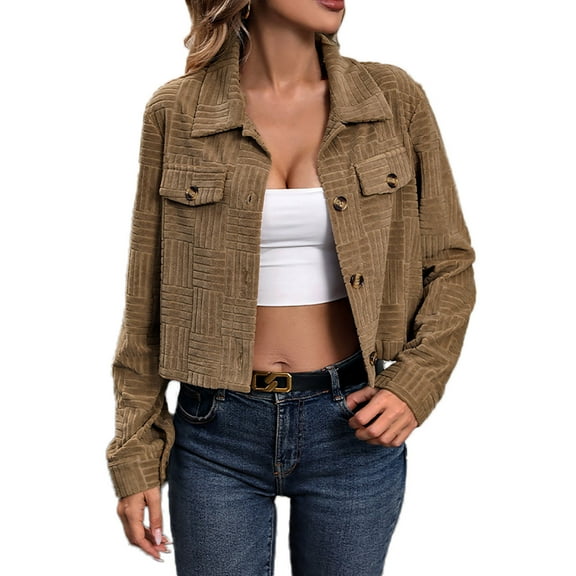 Olyvenn Women's Cropped Shacket Fall Button Up Corduroy Jackets Retro Long Sleeve Tops Casual Trendy Lapel Blouse Coats 2025 Khaki M