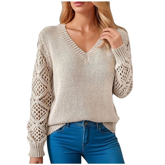 Olyvenn Women's Cropped Sweater V-Neck Hollowed Long Sleeve Crop Sweater Fall Fashion Casual Pullover Jumper Knit Top Gray XL