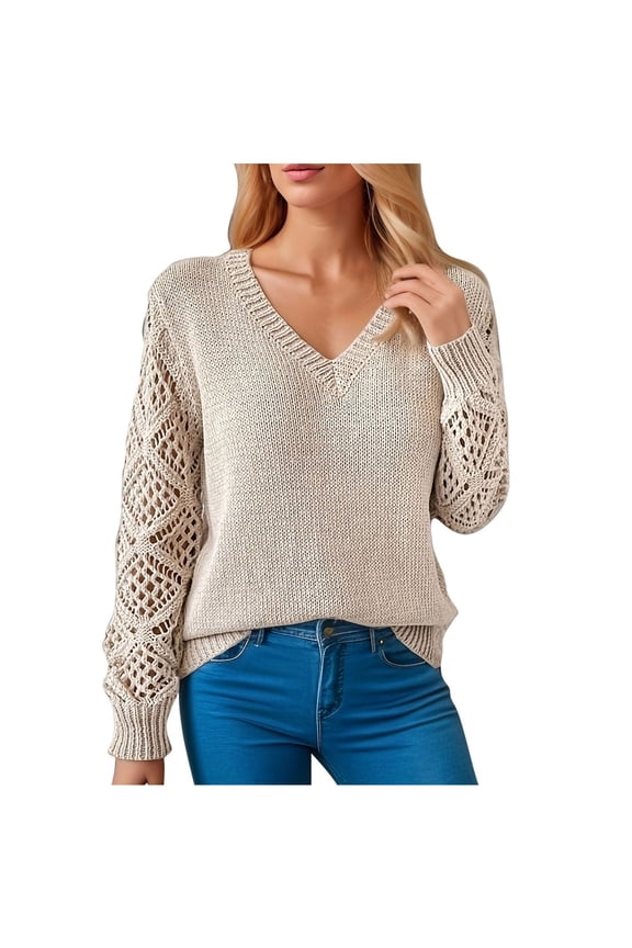 Women's Cropped Sweater V-Neck Hollowed Long Sleeve Crop Sweater Fall Fashion Casual Pullover Jumper Knit Top Gray XL