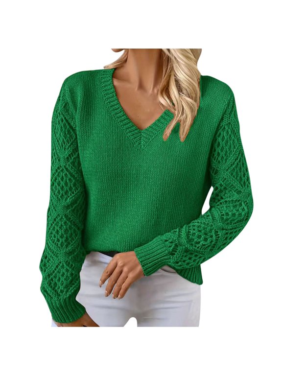 Women's Cropped Sweater V-Neck Hollowed Long Sleeve Crop Sweater Fall Fashion Casual Pullover Jumper Knit Top Green S