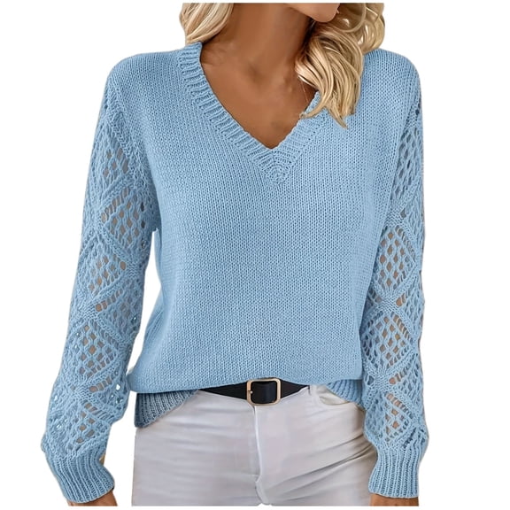 Olyvenn Women's Cropped Sweater V-Neck Hollowed Long Sleeve Crop Sweater Fall Fashion Casual Pullover Jumper Knit Top Sky Blue M