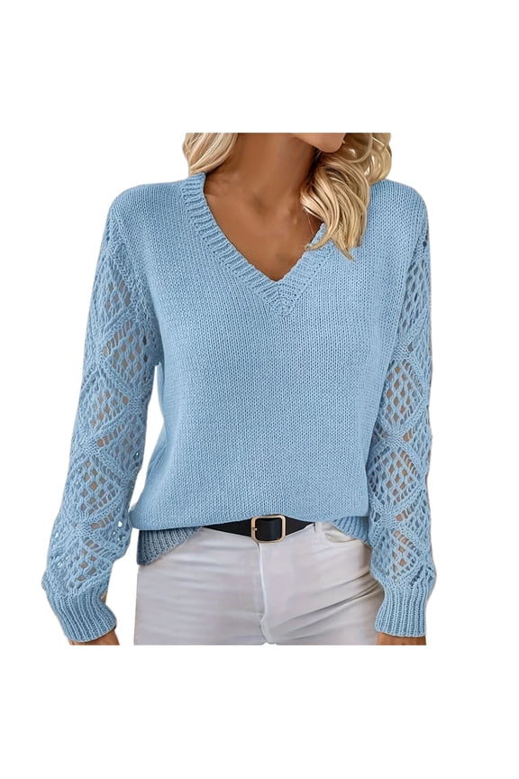 Women's Cropped Sweater V-Neck Hollowed Long Sleeve Crop Sweater Fall Fashion Casual Pullover Jumper Knit Top Sky Blue M