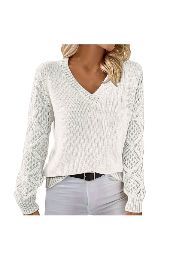 Women's Cropped Sweater V-Neck Hollowed Long Sleeve Crop Sweater Fall Fashion Casual Pullover Jumper Knit Top White M