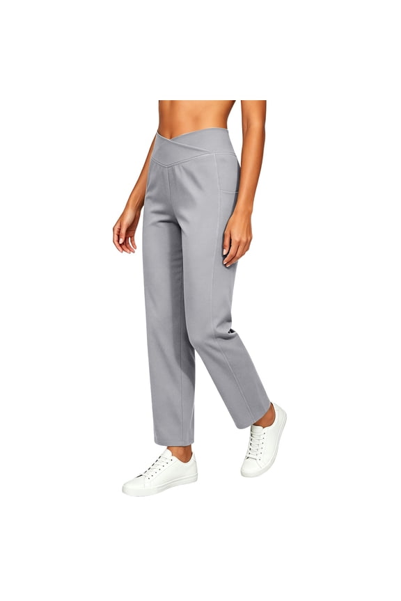 Women's Cross V-Elastic Waist Pants, Straight Leg, Comfortable Casual Trousers with Side Pockets Gray S