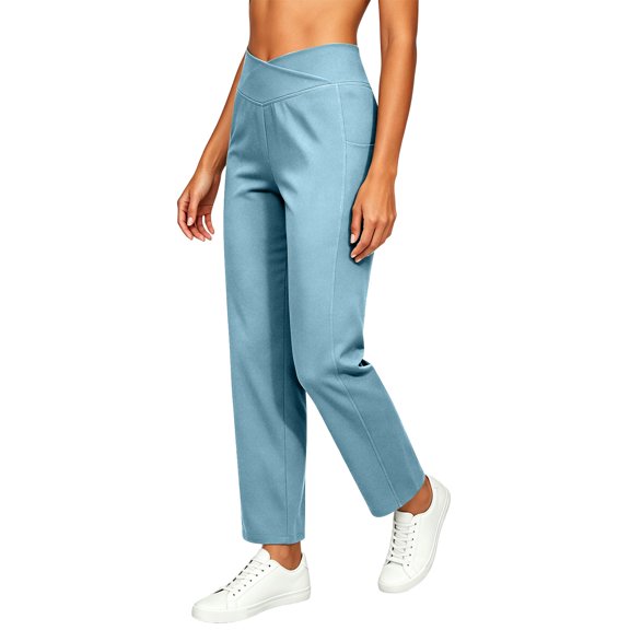 Olyvenn Women's Cross V-Elastic Waist Pants, Straight Leg, Comfortable Casual Trousers with Side Pockets Light Blue S