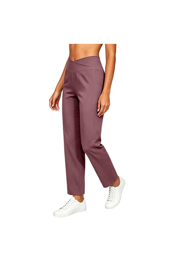 Women's Cross V-Elastic Waist Pants, Straight Leg, Comfortable Casual Trousers with Side Pockets Pink S