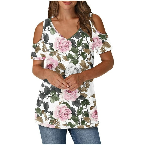 Olyvenn Women's Cut Out Cold Shoulder T Shirt Short Sleeve V Neck Tee Tops Going Out Blouses Casual Summer Tops Pink XL