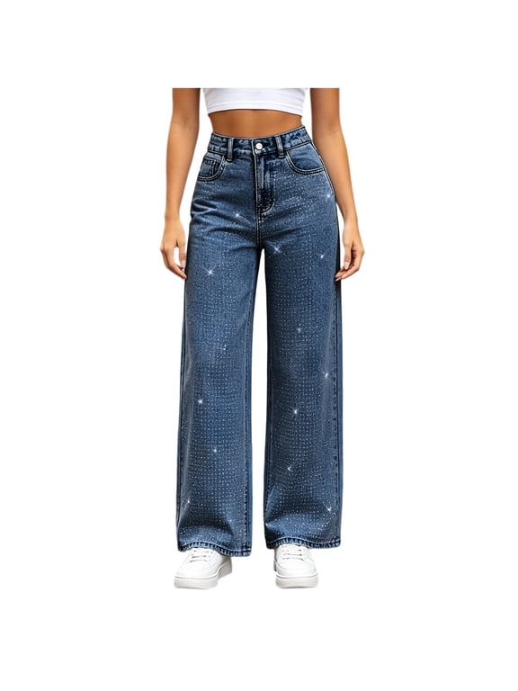 Women's Denim Pants, Button & Zipper with Bead Embellishment, Straight Leg Outdoor Long Trousers with Pockets Dark Blue S