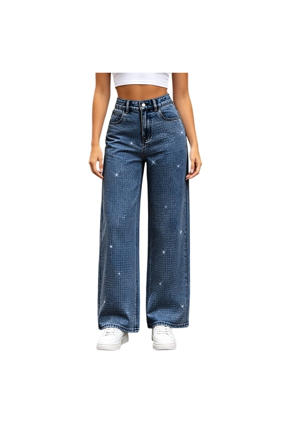 Women's Denim Pants, Button & Zipper with Bead Embellishment, Straight Leg Outdoor Long Trousers with Pockets Dark Blue S
