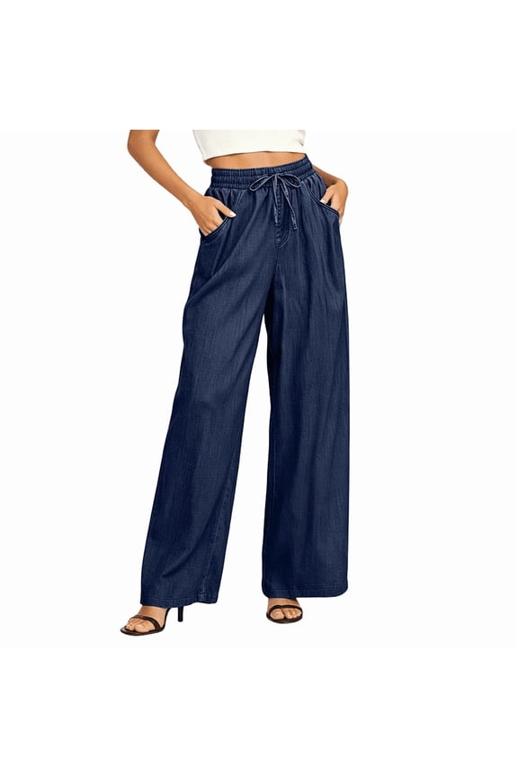Women's Denim Texture Wide Leg Pants, High Waist with Drawstring, Casual Summer Trousers with Pockets Blue S