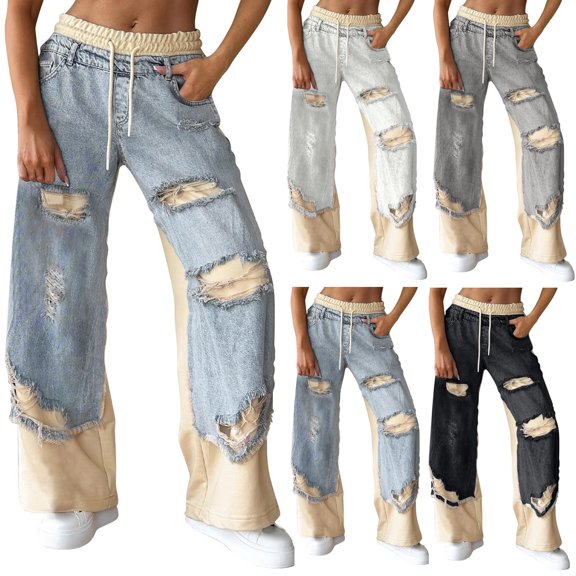 Olyvenn Women's Denim Trousers with Stitching and Ripped Design 2025 Fall Drawstring Elastic Waist Wide Leg Patchwork Jeans Light Blue XL