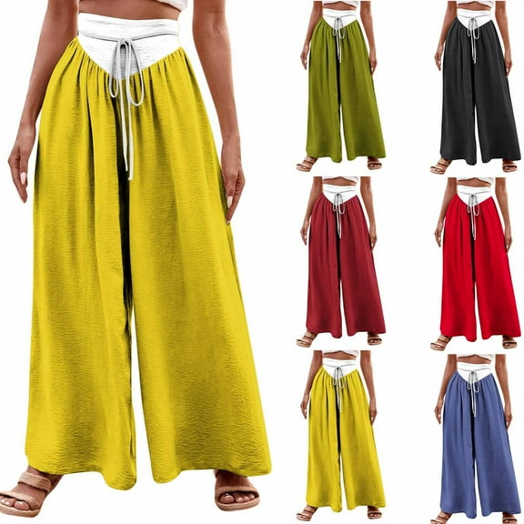 Olyvenn Women's Drawstring Wide Leg Pants, Colorblock Casual Loose High Waisted Beach Palazzo Pants with Pockets Black 4
