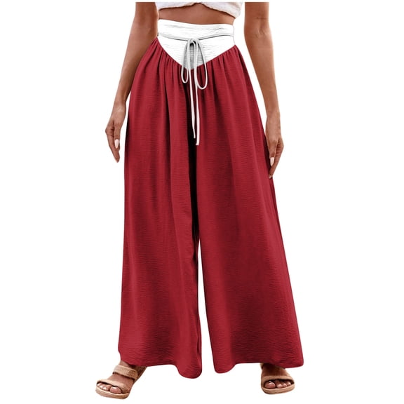 Olyvenn Women's Drawstring Wide Leg Pants, Colorblock Casual Loose High Waisted Beach Palazzo Pants with Pockets Watermelon Red 6