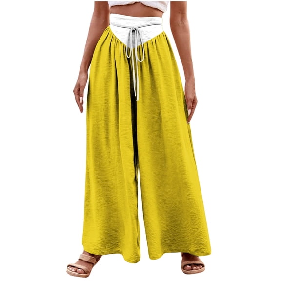 Olyvenn Women's Drawstring Wide Leg Pants, Colorblock Casual Loose High Waisted Beach Palazzo Pants with Pockets Yellow 6
