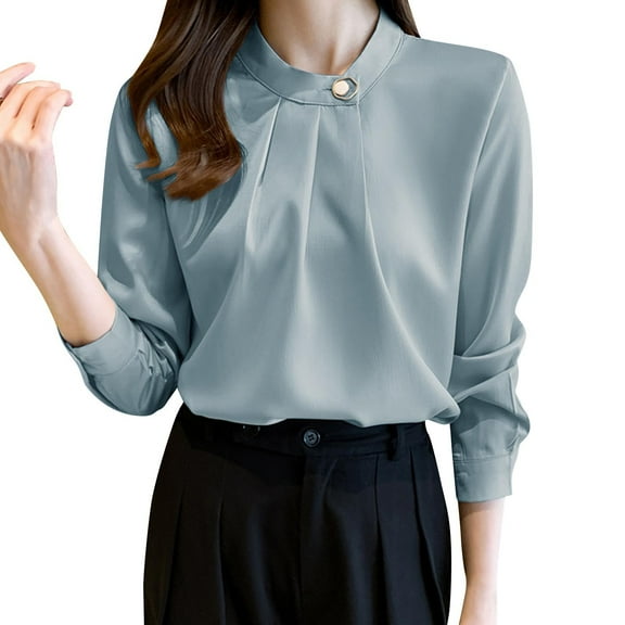 Olyvenn Women's Dressy Business Casual Satin Silk Shirts Fall Long Sleeve Pleated Button Mock Neck Blouses Trendy Loose Fit Work Tops Blue L