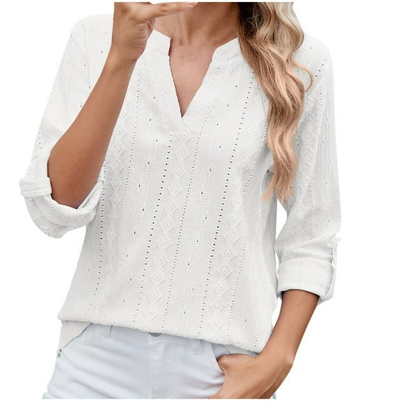Olyvenn Women's Dressy Casual Tops 3/4 Sleeve V Neck Buttons Hollow Out Embroidered Blouses Fashion Loose Textured Shirts White 12-14